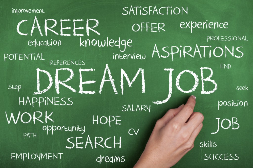 Various career related words are shown in white on a green board, including Dream Job, Aspirations, Potential, Satisfaction.