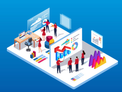 Concept drawing of financial services training services. Several people in an office setting looking at financial graphs.