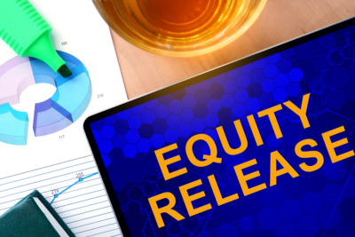 Equity Release training concept image. The words Equity Release appear in bright orange against a blue background.