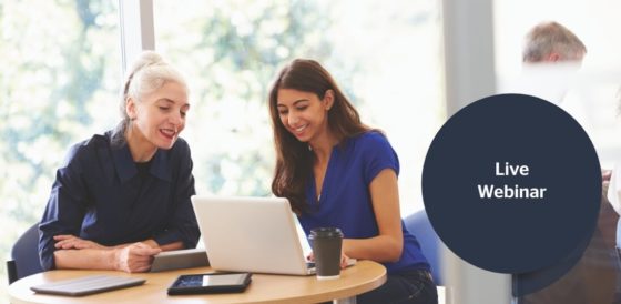 One elderly and one young woman sat together with their laptops taking a home study online DIPFA course, with a black label that reads "Live webinar"