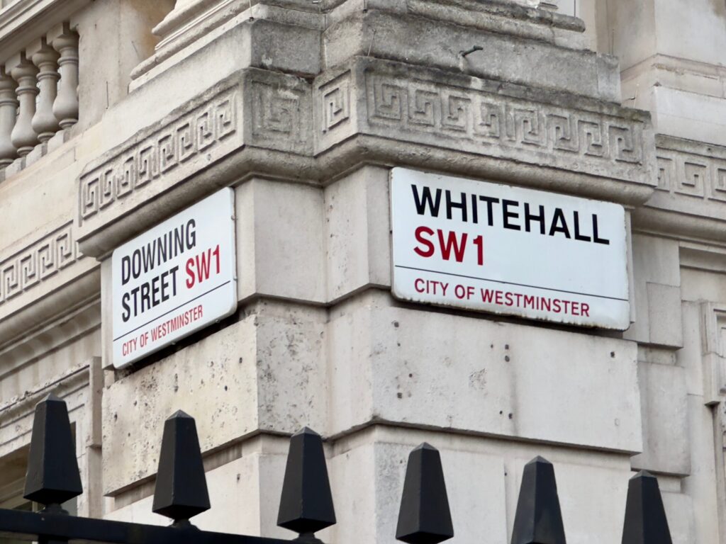Downing Street and Whitehall signs in Westminster, centre of UK government.